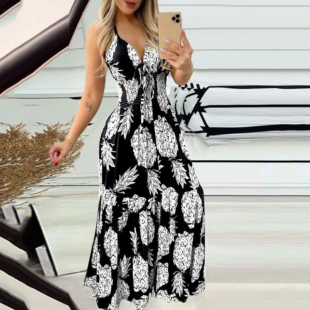 Summer Street Halter With Chest Halter V-neck Print Travel Beach Sexy Fashion Casual Dress Fashion Floral Print Halter Dress Women Vent Bohemian Beach Dress Summer Wear Dress