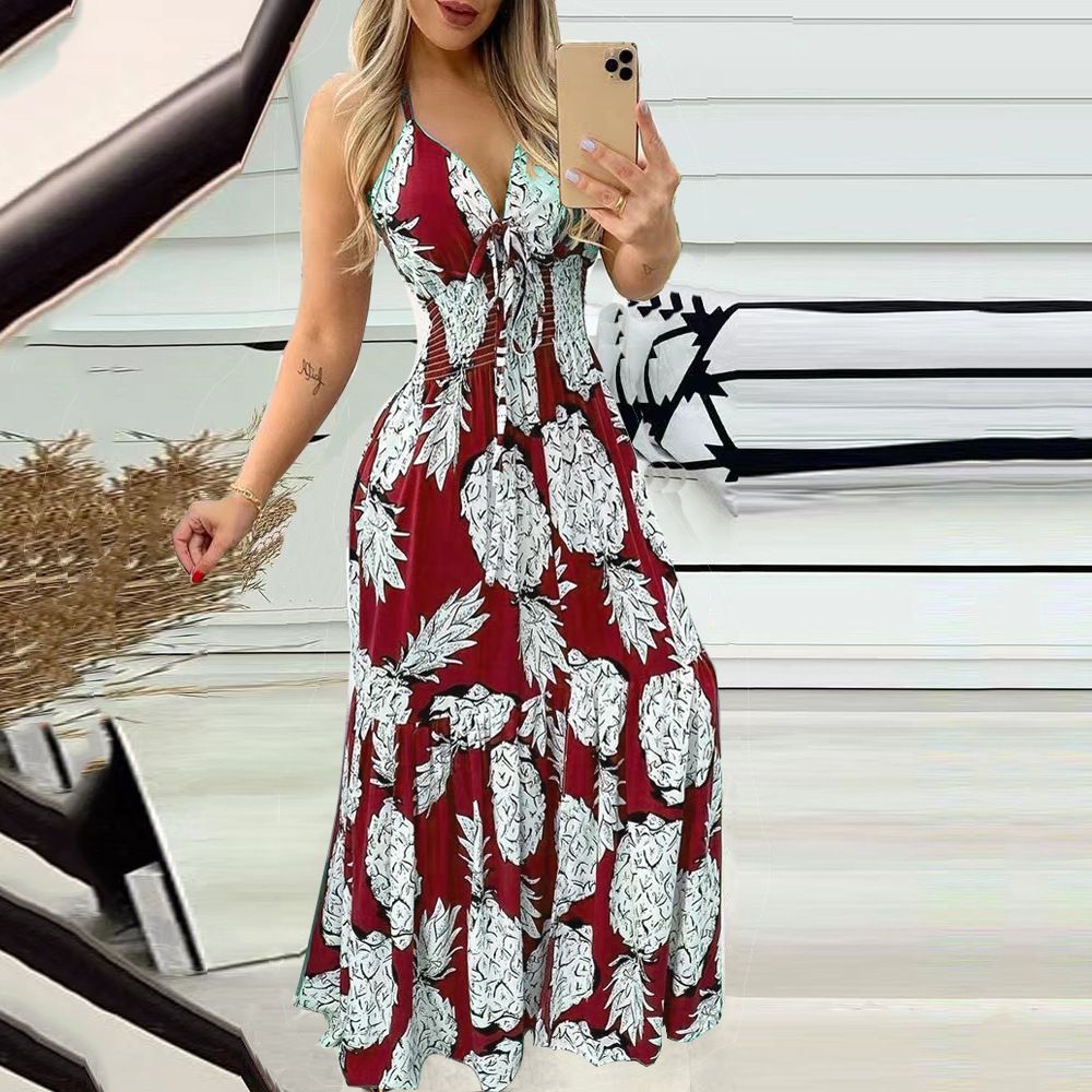 Summer Street Halter With Chest Halter V-neck Print Travel Beach Sexy Fashion Casual Dress Fashion Floral Print Halter Dress Women Vent Bohemian Beach Dress Summer Wear Dress