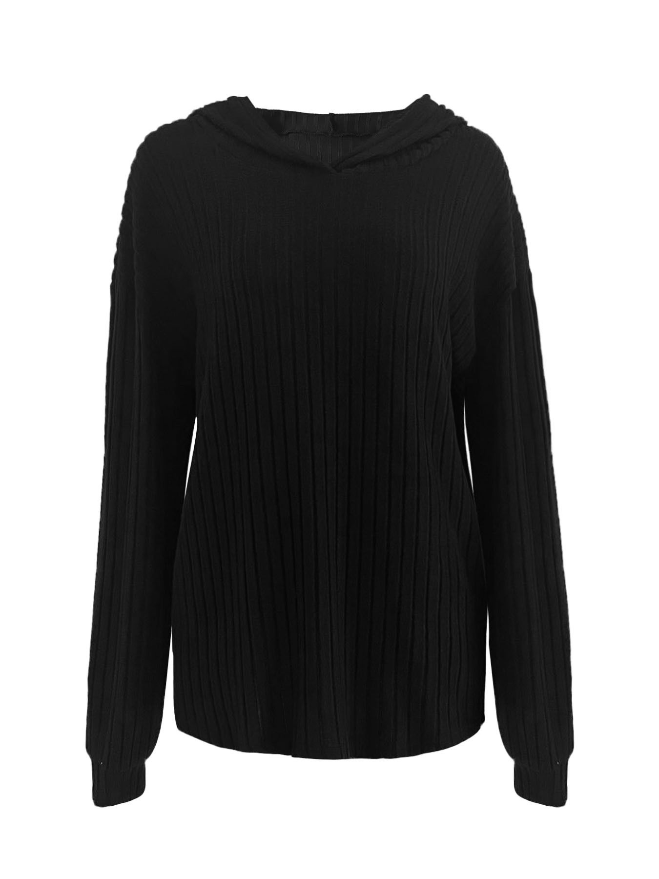 Autumn Winter Collection Women's Loose Fit V Neck Hooded T-Shirt Brushed Knitted Plus Size New Pure Color Front Jumper Long Sleeve Pullover Cotton Knitted Sweater Hoodie Sweatshirts & Hoodies