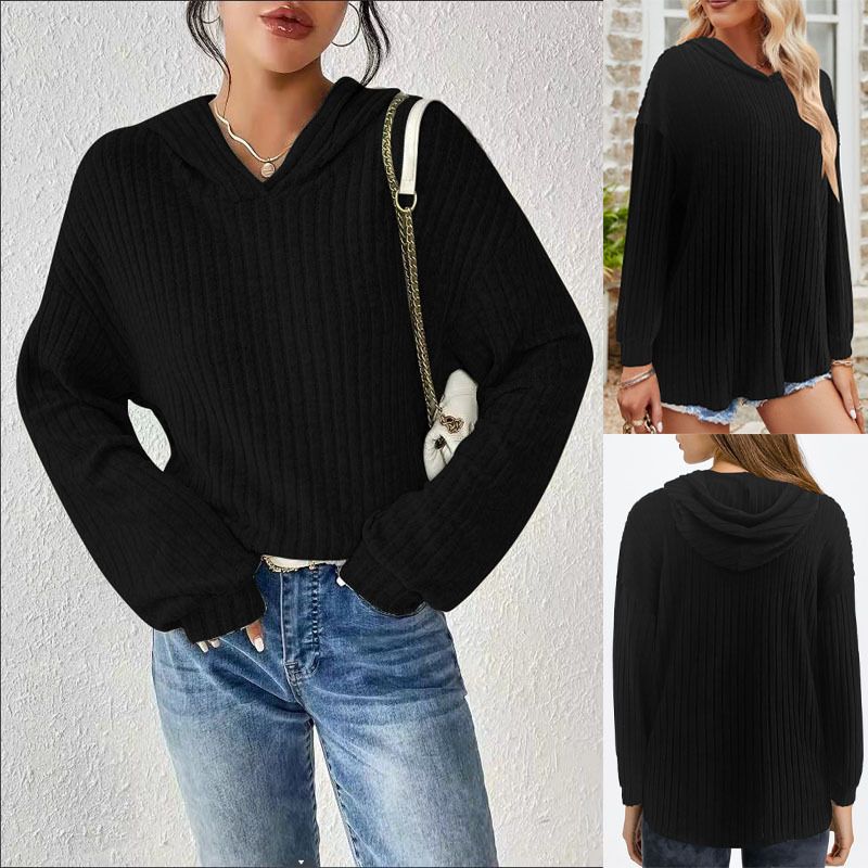 Autumn Winter Collection Women's Loose Fit V Neck Hooded T-Shirt Brushed Knitted Plus Size New Pure Color Front Jumper Long Sleeve Pullover Cotton Knitted Sweater Hoodie Sweatshirts & Hoodies