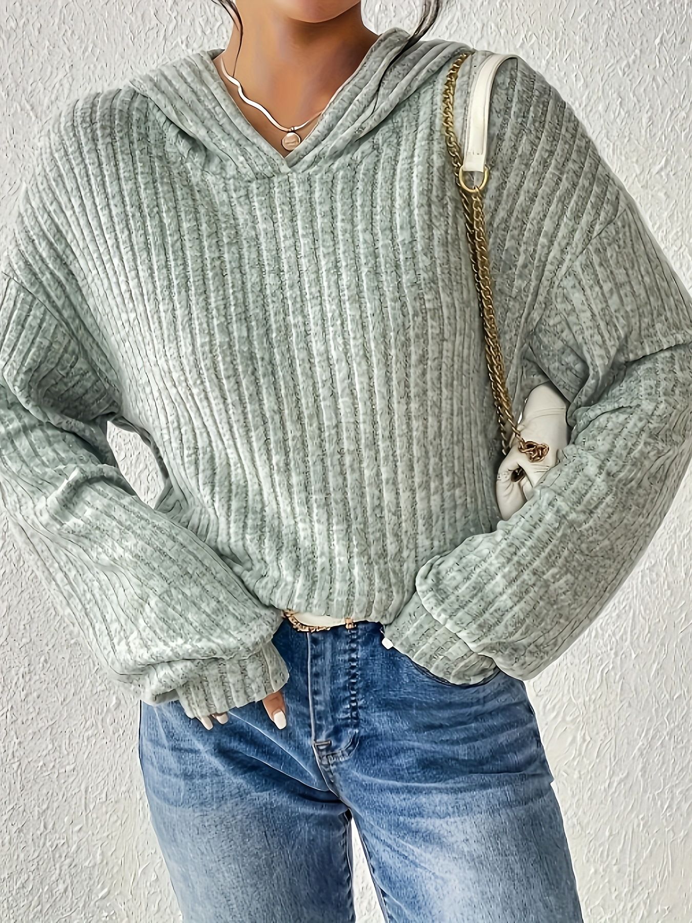 Autumn Winter Collection Women's Loose Fit V Neck Hooded T-Shirt Brushed Knitted Plus Size New Pure Color Front Jumper Long Sleeve Pullover Cotton Knitted Sweater Hoodie Sweatshirts & Hoodies