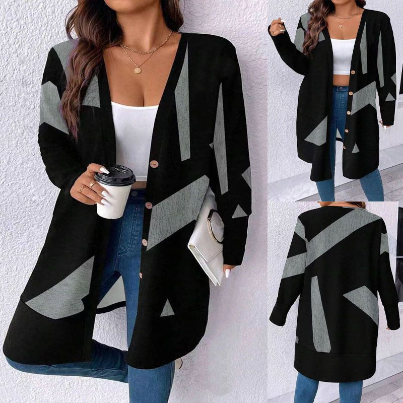 Knitwear Women Loose Long Color Blocking Lady Cardigan Women'S Jacket Coats Cardigan Knitwear Camouflage Medium Length Casual Acrylic Jacquard Pattern Long Coats
