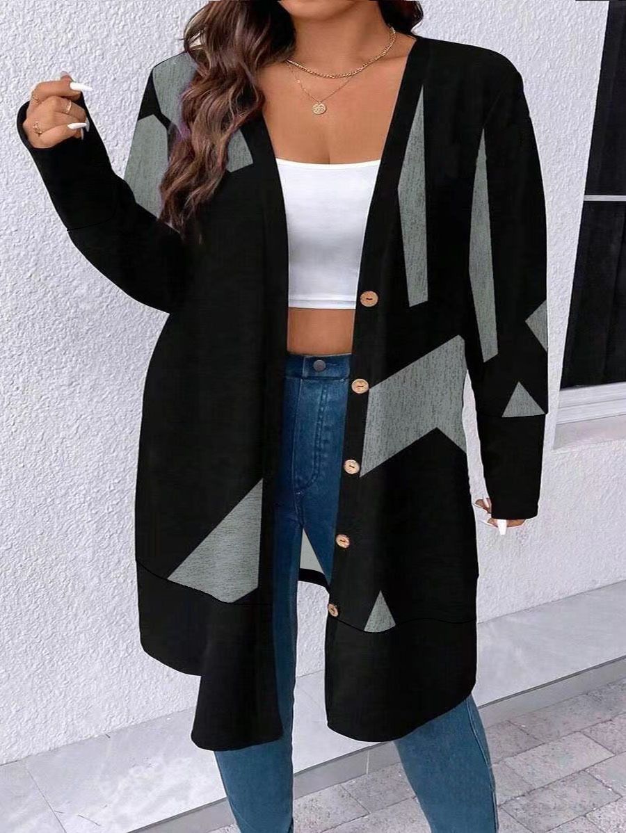 Knitwear Women Loose Long Color Blocking Lady Cardigan Women'S Jacket Coats Cardigan Knitwear Camouflage Medium Length Casual Acrylic Jacquard Pattern Long Coats