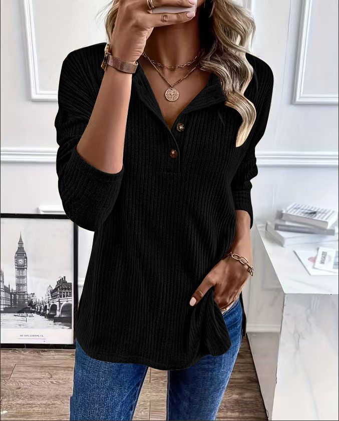Fashion Simple Solid Color Casual T-shirt Breathable Button Knitted Jersey Long Sleeved with for Polo Collar Mujeres Knit Long Sleeve Top Elegant Woman Shirt Sweatshirts & Hoodies