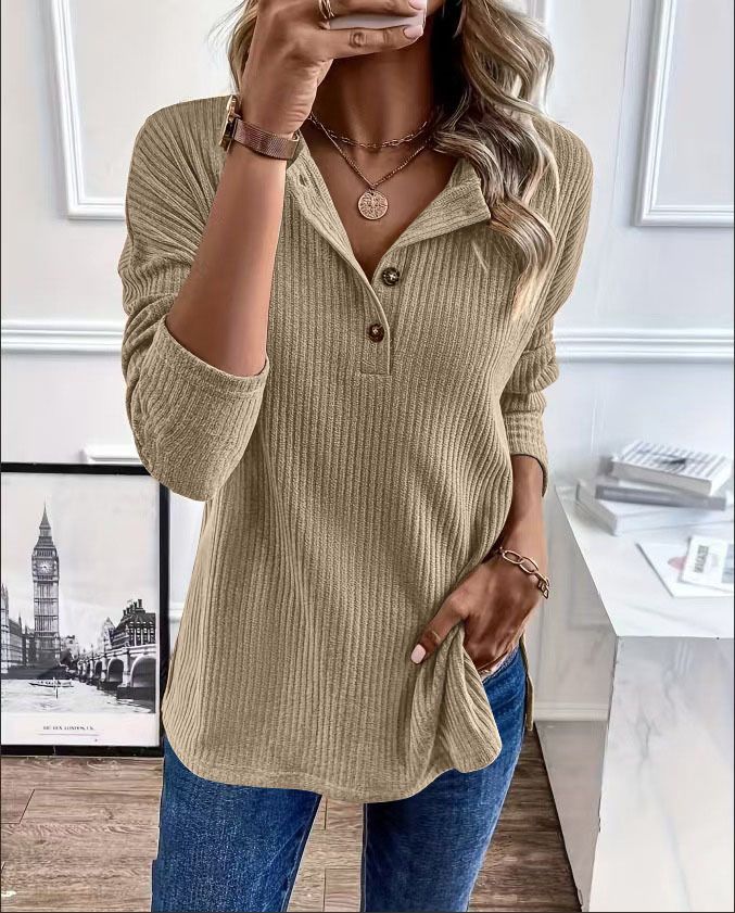 Fashion Simple Solid Color Casual T-shirt Breathable Button Knitted Jersey Long Sleeved with for Polo Collar Mujeres Knit Long Sleeve Top Elegant Woman Shirt Sweatshirts & Hoodies