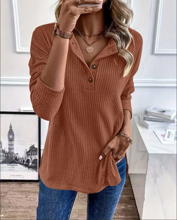 Fashion Simple Solid Color Casual T-shirt Breathable Button Knitted Jersey Long Sleeved with for Polo Collar Mujeres Knit Long Sleeve Top Elegant Woman Shirt Sweatshirts & Hoodies