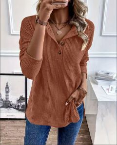 Fashion Simple Solid Color Casual T-shirt Breathable Button Knitted Jersey Long Sleeved with for Polo Collar Mujeres Knit Long Sleeve Top Elegant Woman Shirt Sweatshirts & Hoodies,Woman Clothes