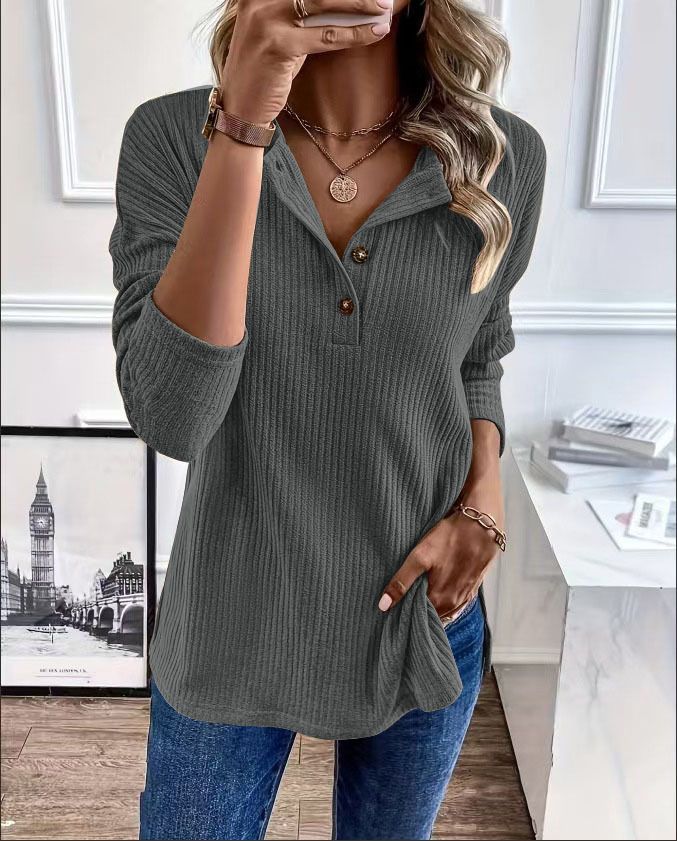 Fashion Simple Solid Color Casual T-shirt Breathable Button Knitted Jersey Long Sleeved with for Polo Collar Mujeres Knit Long Sleeve Top Elegant Woman Shirt Sweatshirts & Hoodies