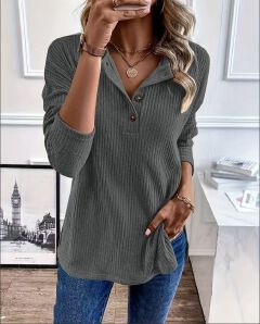Fashion Simple Solid Color Casual T-shirt Breathable Button Knitted Jersey Long Sleeved with for Polo Collar Mujeres Knit Long Sleeve Top Elegant Woman Shirt Sweatshirts & Hoodies,Woman Clothes