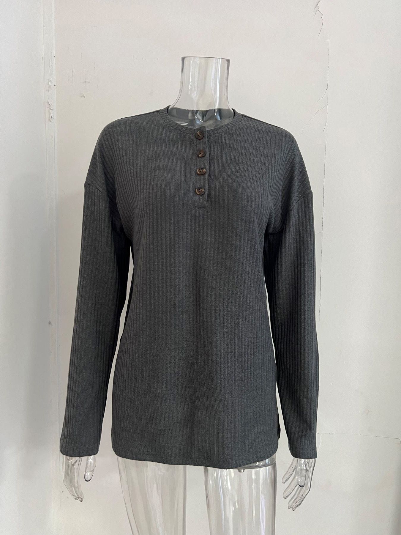 Fashion Simple Solid Color Casual T-shirt Breathable Button Knitted Jersey Long Sleeved with for Polo Collar Mujeres Knit Long Sleeve Top Elegant Woman Shirt Sweatshirts & Hoodies
