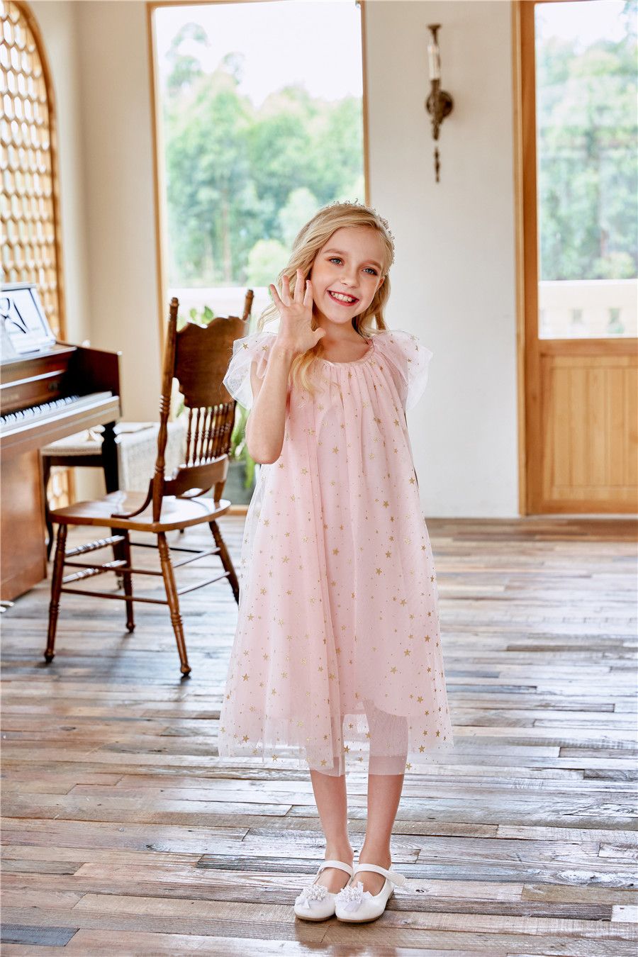 New Summer Girls Dress with Lace Skirt Flying Star Sleeves O-Neck Princess Style Casual for Children Kids Clothing for Party Birthday