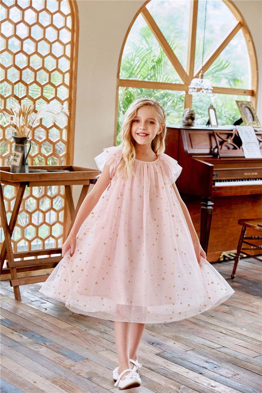 New Summer Girls Dress with Lace Skirt Flying Star Sleeves O-Neck Princess Style Casual for Children Kids Clothing for Party Birthday