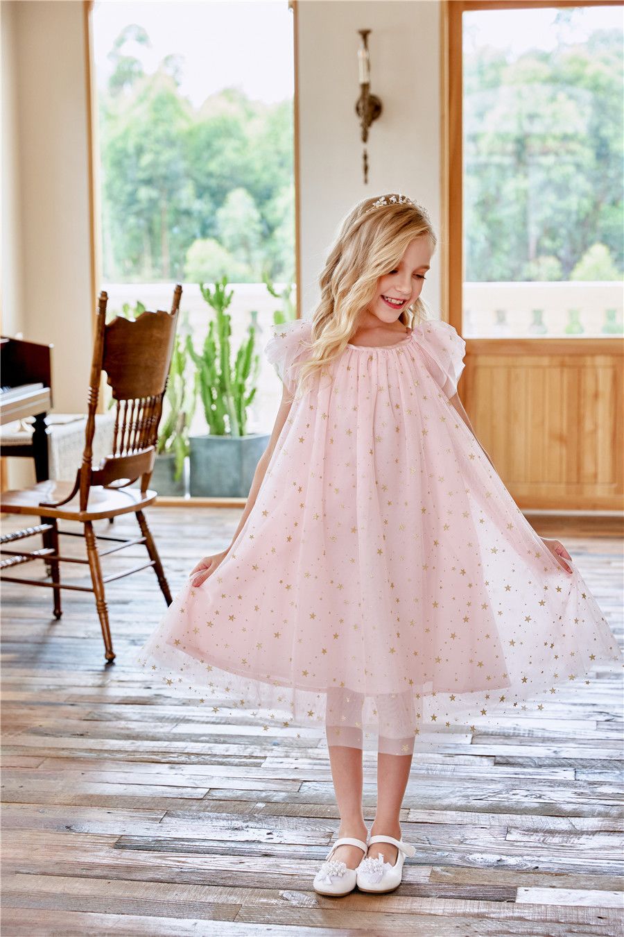 New Summer Girls Dress with Lace Skirt Flying Star Sleeves O-Neck Princess Style Casual for Children Kids Clothing for Party Birthday