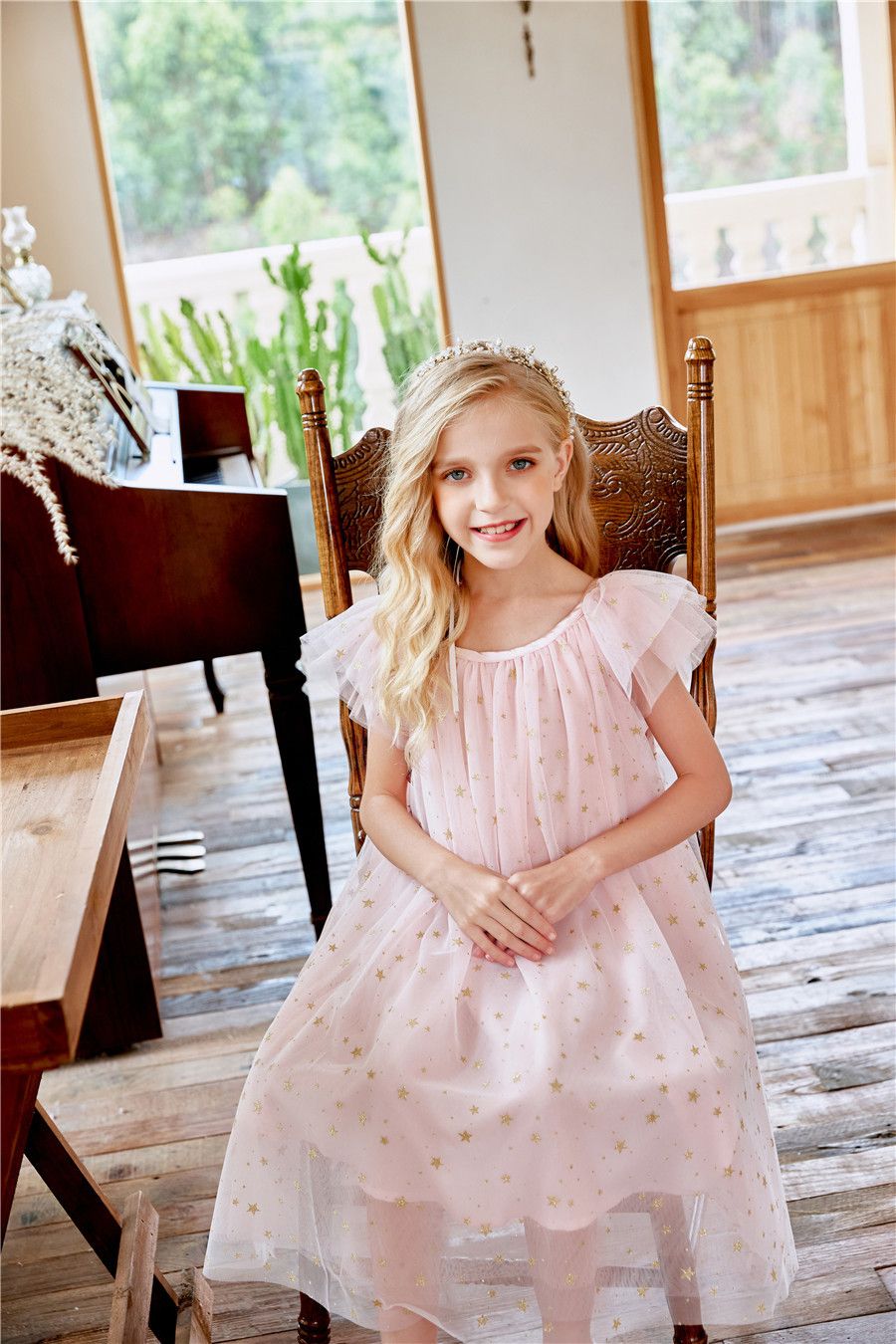 New Summer Girls Dress with Lace Skirt Flying Star Sleeves O-Neck Princess Style Casual for Children Kids Clothing for Party Birthday