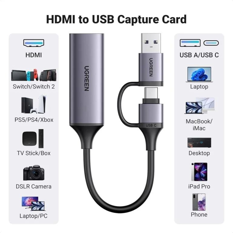 UGREEN CM716  25854 Full HD 1080P 60FPS Capture Card HDMI to USB A/Type C 4K Video Capture Card for Streaming