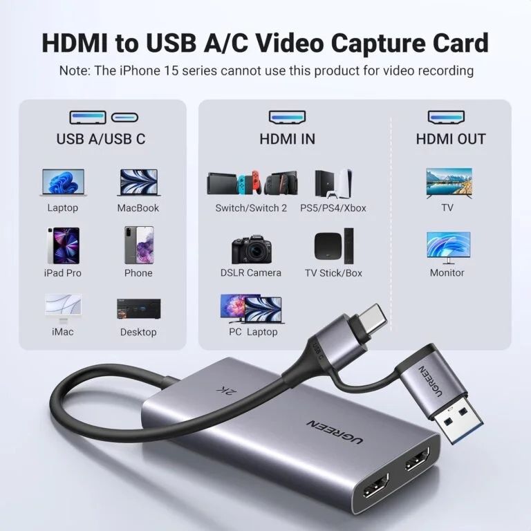UGREEN 4K@30Hz HDMI Capture Card HDMI to USB 3.0 HDMI Loop Out Video Capture Card for Streaming