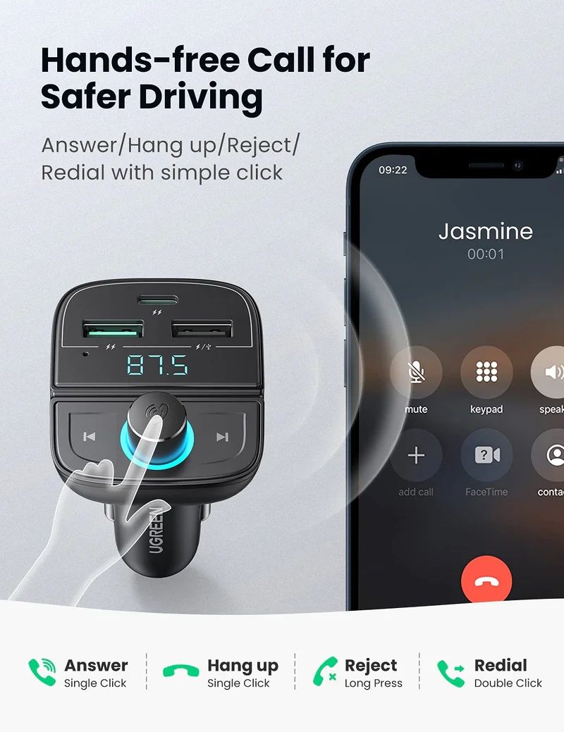 UGREEN Car Bluetooth Adapter - Bluetooth FM Transmitter for Car PD/QC 3.0 Car Charger CD229 80910