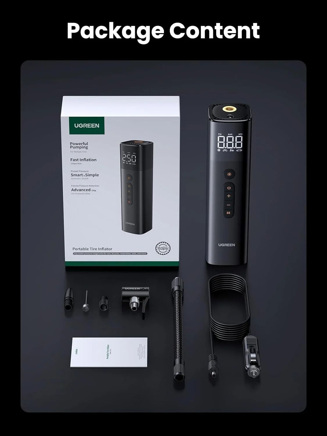 UGREEN Tyre Inflator Portable Air Pump 150PSI/10.3BAR DC 12V Air Compressor with LED Light, Tire Pressure Detection for Car, Bike, Motorcycle, Ball, Air Mattress, Pool Toys CD259 35573