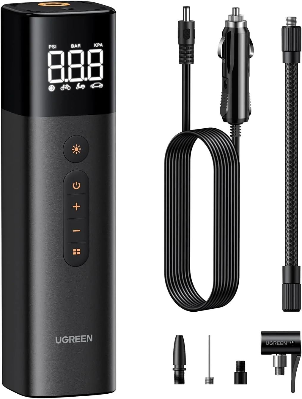 UGREEN Tyre Inflator Portable Air Pump 150PSI/10.3BAR DC 12V Air Compressor with LED Light, Tire Pressure Detection for Car, Bike, Motorcycle, Ball, Air Mattress, Pool Toys CD259 35573