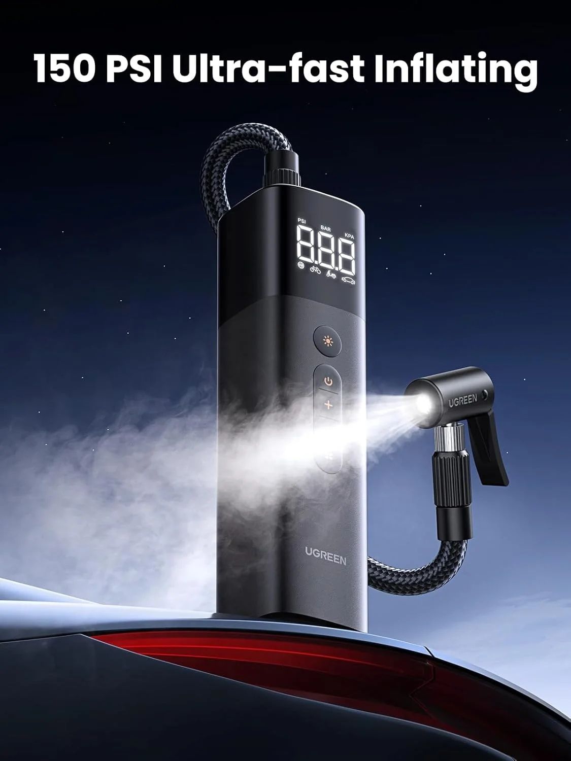 UGREEN Tyre Inflator Portable Air Pump 150PSI/10.3BAR DC 12V Air Compressor with LED Light, Tire Pressure Detection for Car, Bike, Motorcycle, Ball, Air Mattress, Pool Toys CD259 35573