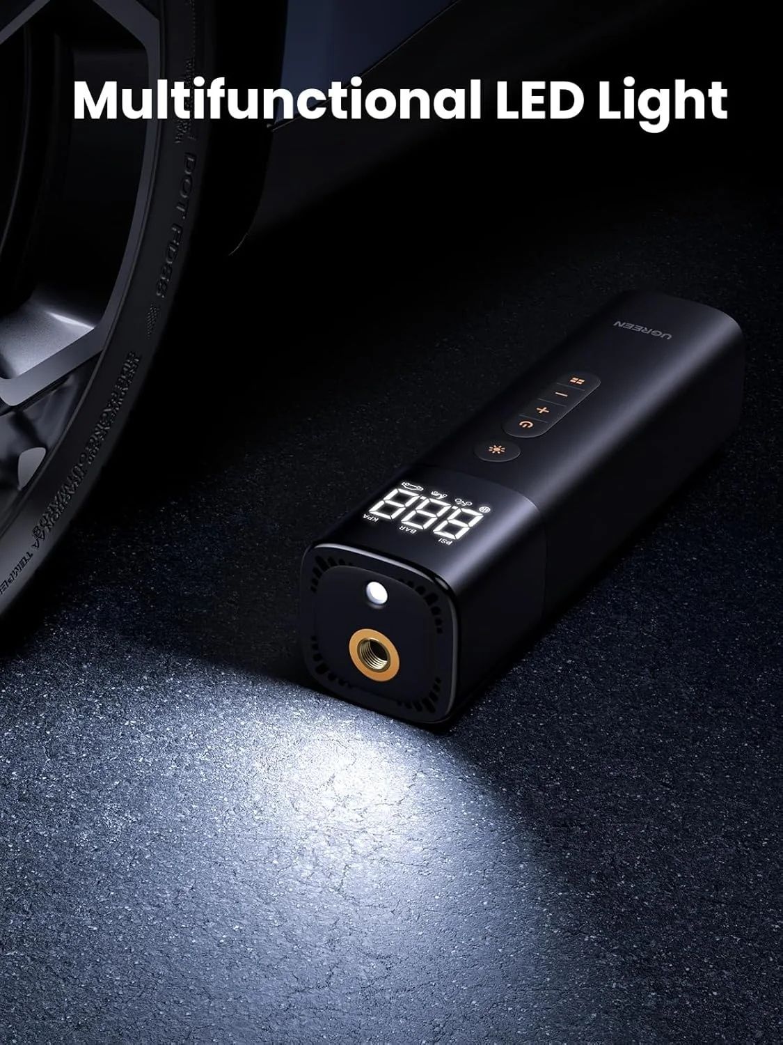 UGREEN Tyre Inflator Portable Air Pump 150PSI/10.3BAR DC 12V Air Compressor with LED Light, Tire Pressure Detection for Car, Bike, Motorcycle, Ball, Air Mattress, Pool Toys CD259 35573