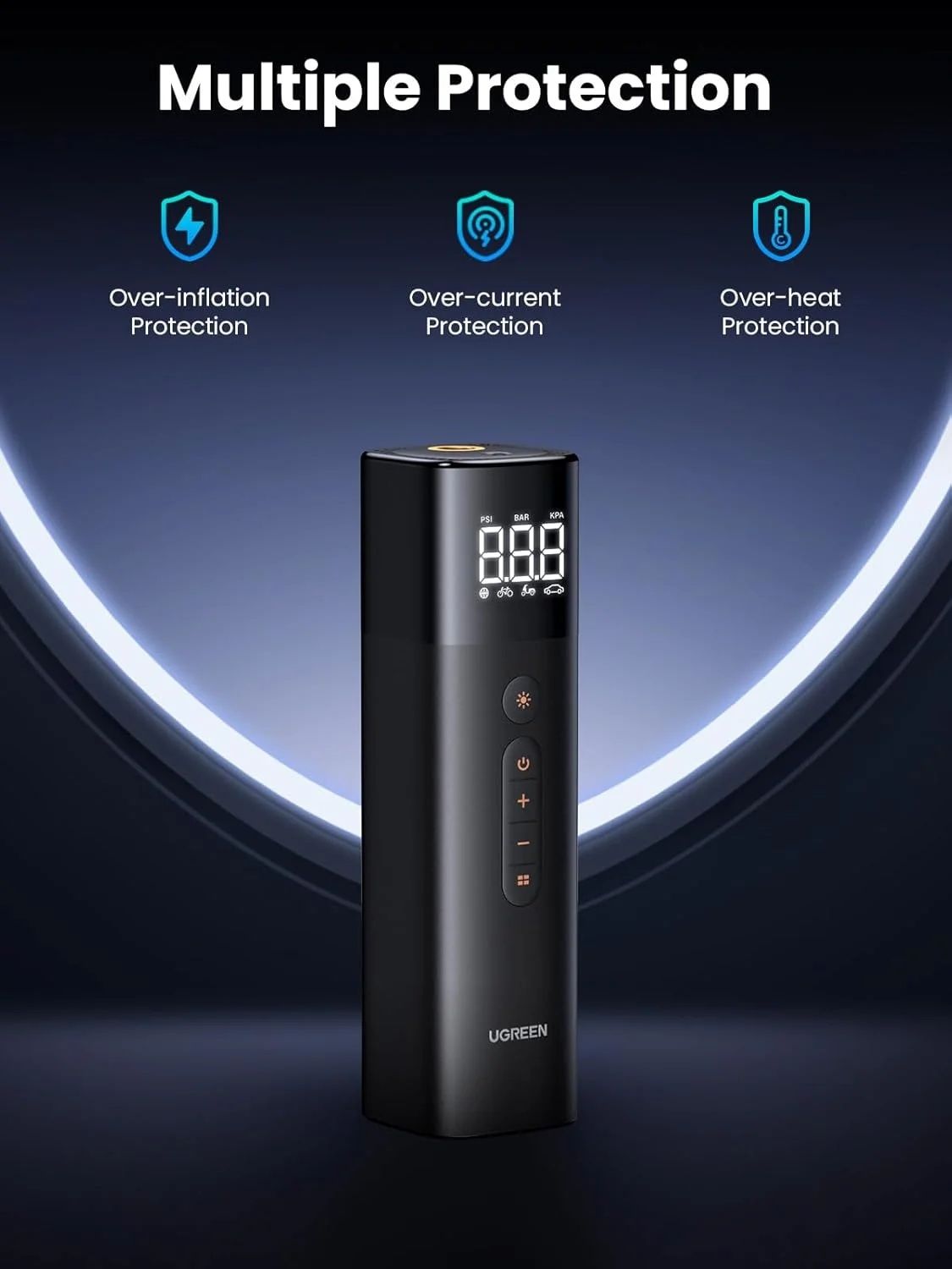 UGREEN Tyre Inflator Portable Air Pump 150PSI/10.3BAR DC 12V Air Compressor with LED Light, Tire Pressure Detection for Car, Bike, Motorcycle, Ball, Air Mattress, Pool Toys CD259 35573