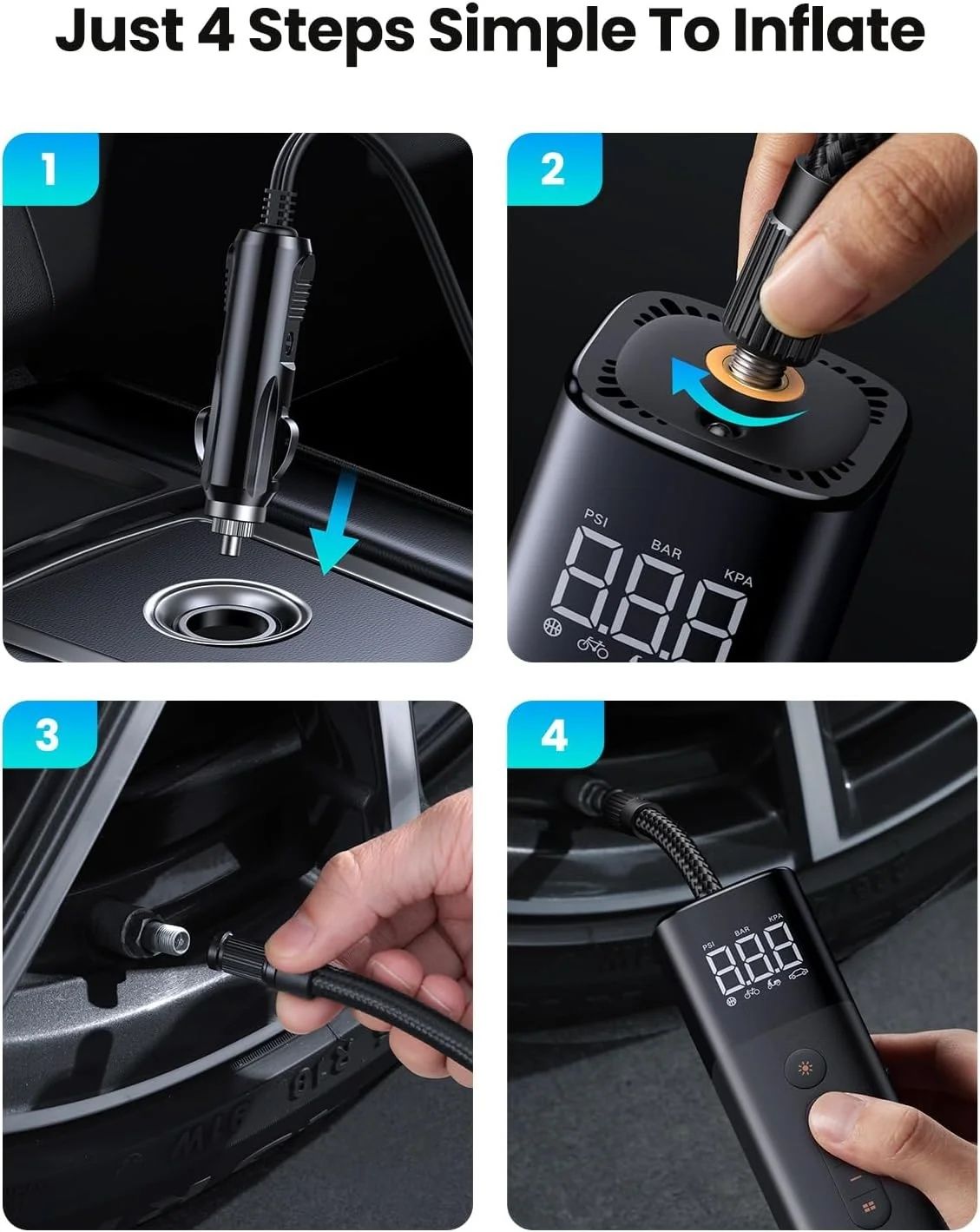 UGREEN Tyre Inflator Portable Air Pump 150PSI/10.3BAR DC 12V Air Compressor with LED Light, Tire Pressure Detection for Car, Bike, Motorcycle, Ball, Air Mattress, Pool Toys CD259 35573