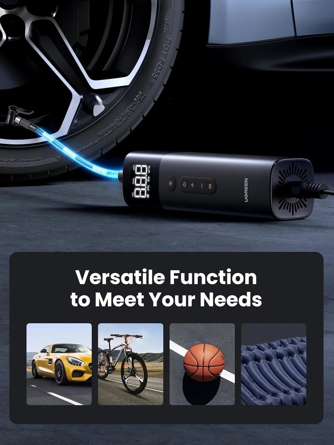 UGREEN Tyre Inflator Portable Air Pump 150PSI/10.3BAR DC 12V Air Compressor with LED Light, Tire Pressure Detection for Car, Bike, Motorcycle, Ball, Air Mattress, Pool Toys CD259 35573