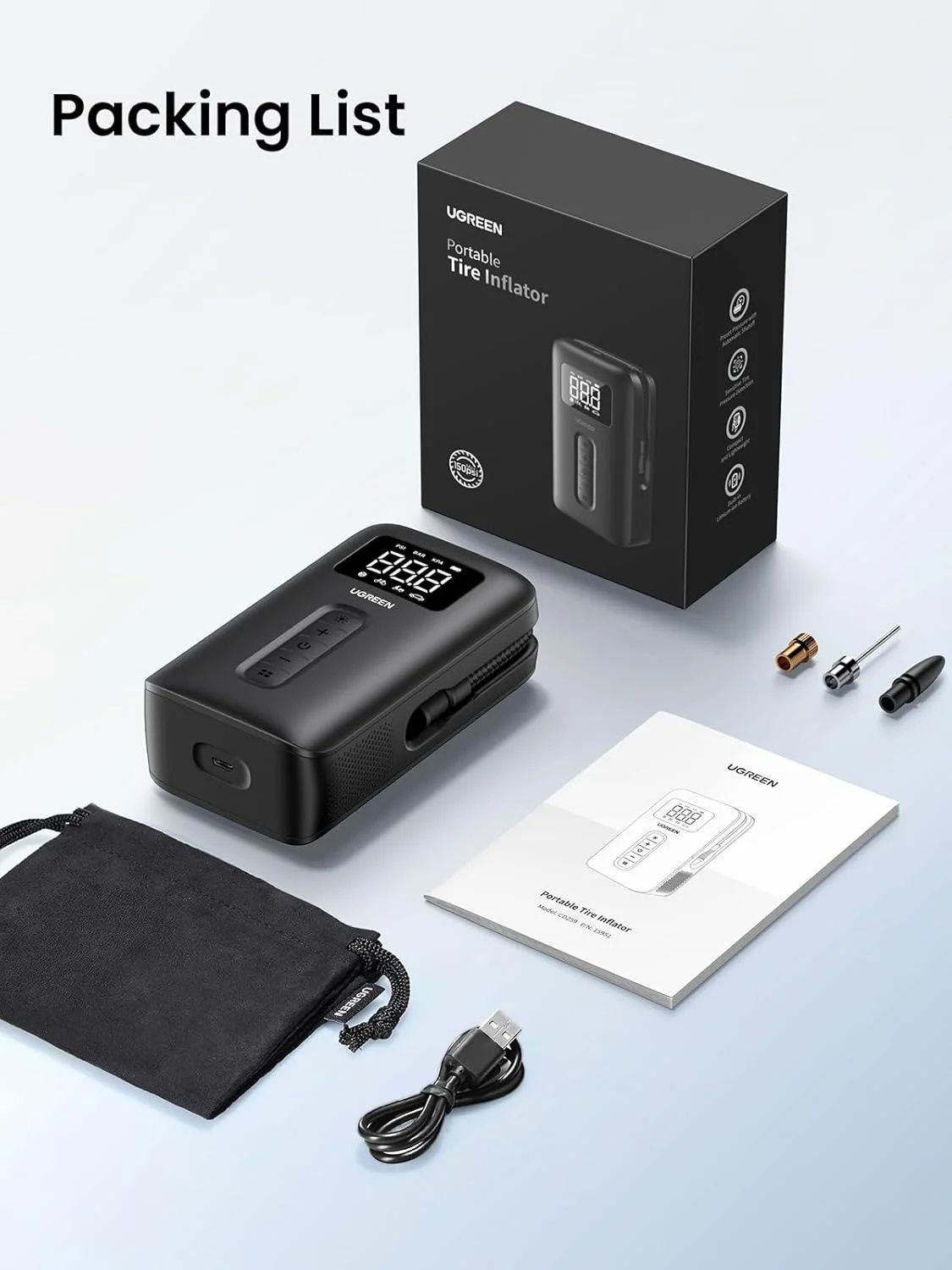 UGREEN Tyre Inflator Portable Cordless Electric Air Pump 150PSI Auto-Off Car Tyre Pump with LED Light Digital Gauge for Accurate Pressure Readings CD259 40121