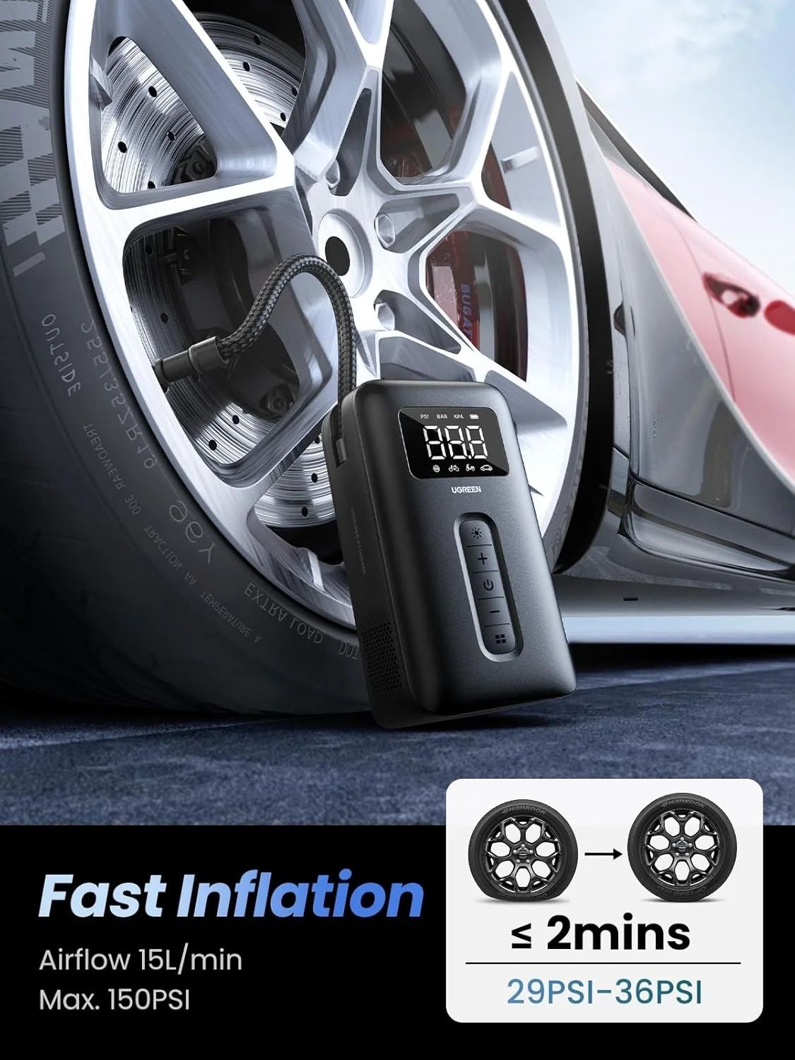 UGREEN Tyre Inflator Portable Cordless Electric Air Pump 150PSI Auto-Off Car Tyre Pump with LED Light Digital Gauge for Accurate Pressure Readings CD259 40121