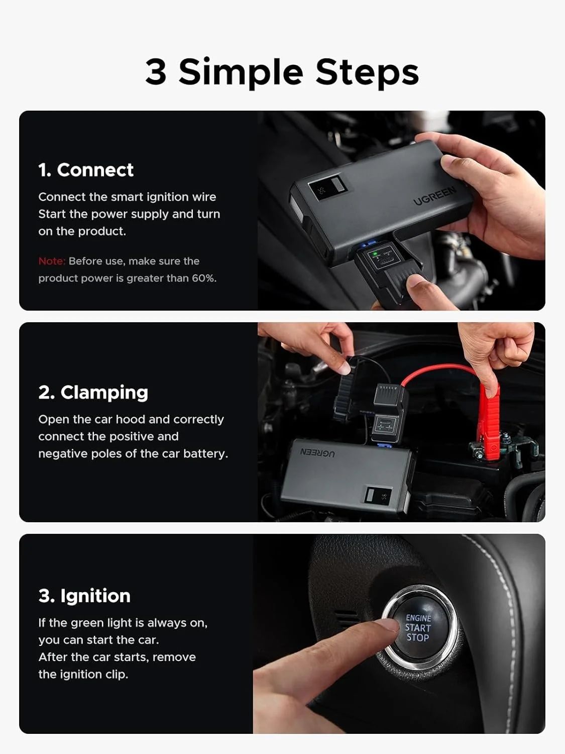 UGREEN Car Jump Starter Power Pack 1000A Car Battery Booster for Gasoline and Diesel Engines 12000mAh Portable Power Bank and Jump Leads with Digital Screen and LED Light for Emergency ES702 35977