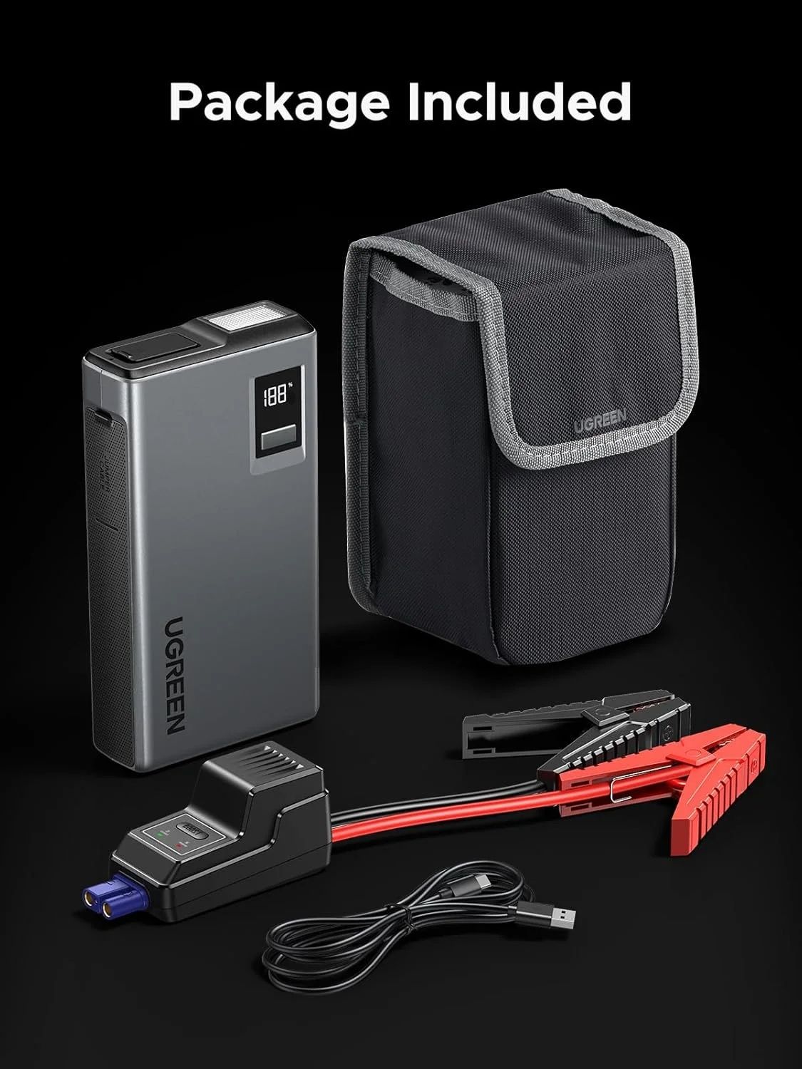 UGREEN Car Jump Starter Power Pack 1000A Car Battery Booster for Gasoline and Diesel Engines 12000mAh Portable Power Bank and Jump Leads with Digital Screen and LED Light for Emergency ES702 35977