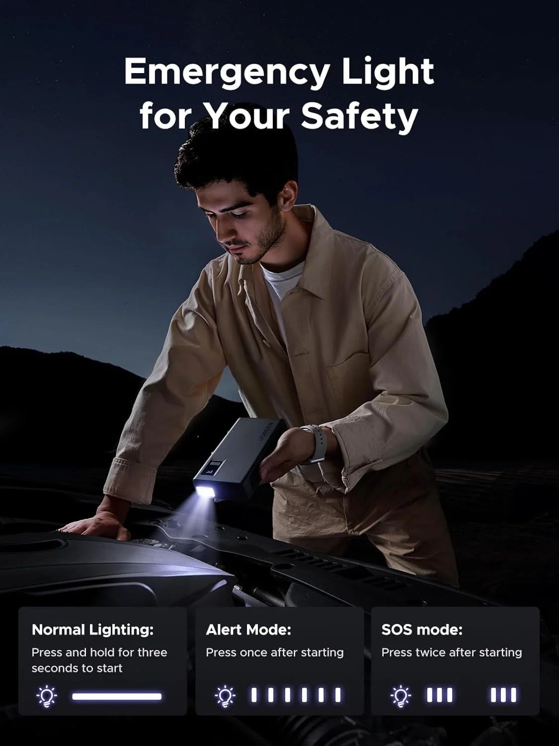 UGREEN Car Jump Starter Power Pack 1000A Car Battery Booster for Gasoline and Diesel Engines 12000mAh Portable Power Bank and Jump Leads with Digital Screen and LED Light for Emergency ES702 35977