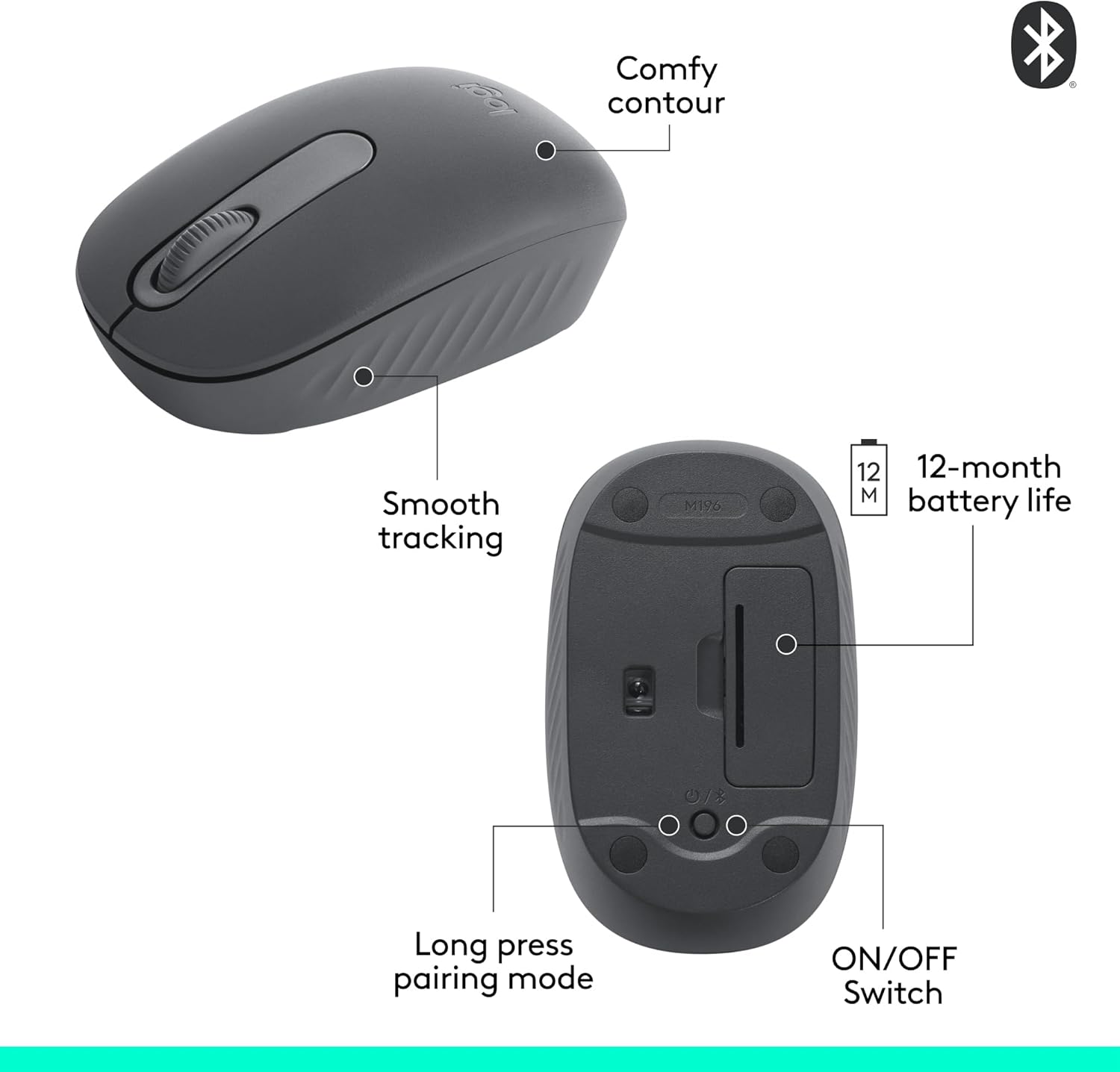 Logitech M196 Bluetooth Wireless Mouse, Compact and Portable Mouse for Laptops, Tablets and More, Smooth Tracking, Compatible with PC and Mac, Windows and macOS