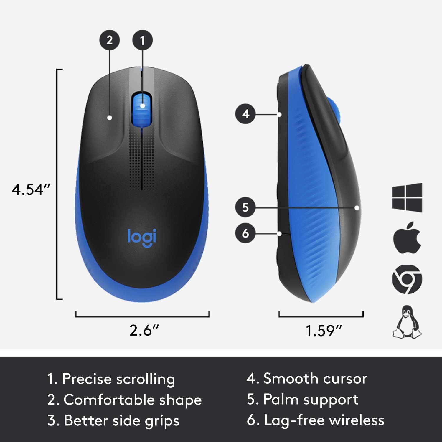 Logitech Wireless Mouse M191 Full Size Ambidextrous Curve Design, 18 Month Battery With Power Saving Mode, Precise Cursor Control & Scrolling, Wide Scroll Wheel, Thumb Grips-Blue