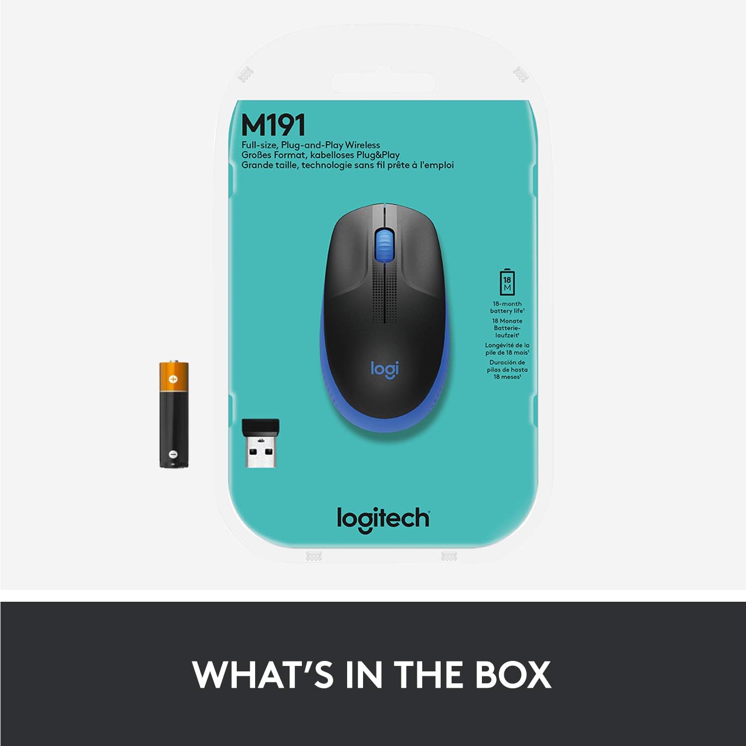 Logitech Wireless Mouse M191 Full Size Ambidextrous Curve Design, 18 Month Battery With Power Saving Mode, Precise Cursor Control & Scrolling, Wide Scroll Wheel, Thumb Grips-Blue
