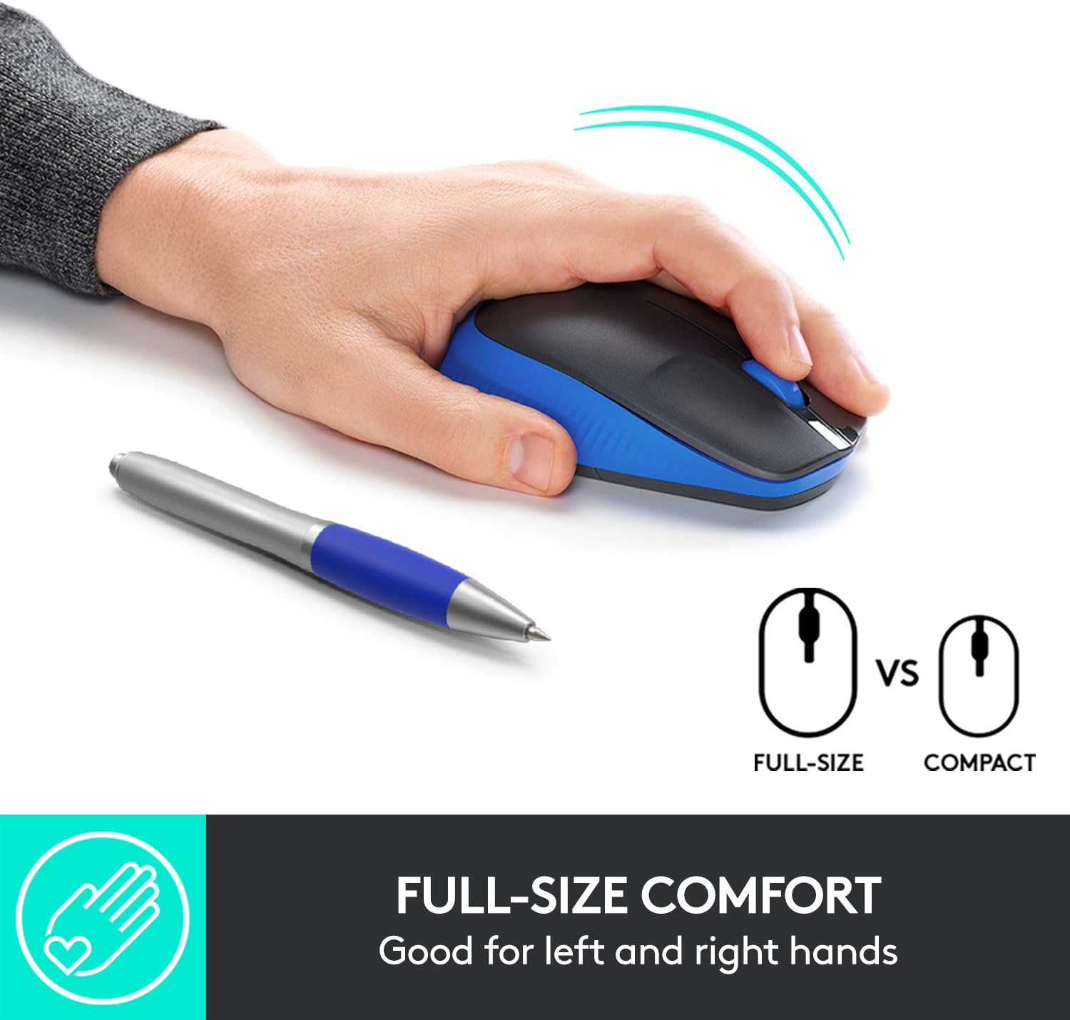 Logitech Wireless Mouse M191 Full Size Ambidextrous Curve Design, 18 Month Battery With Power Saving Mode, Precise Cursor Control & Scrolling, Wide Scroll Wheel, Thumb Grips-Blue
