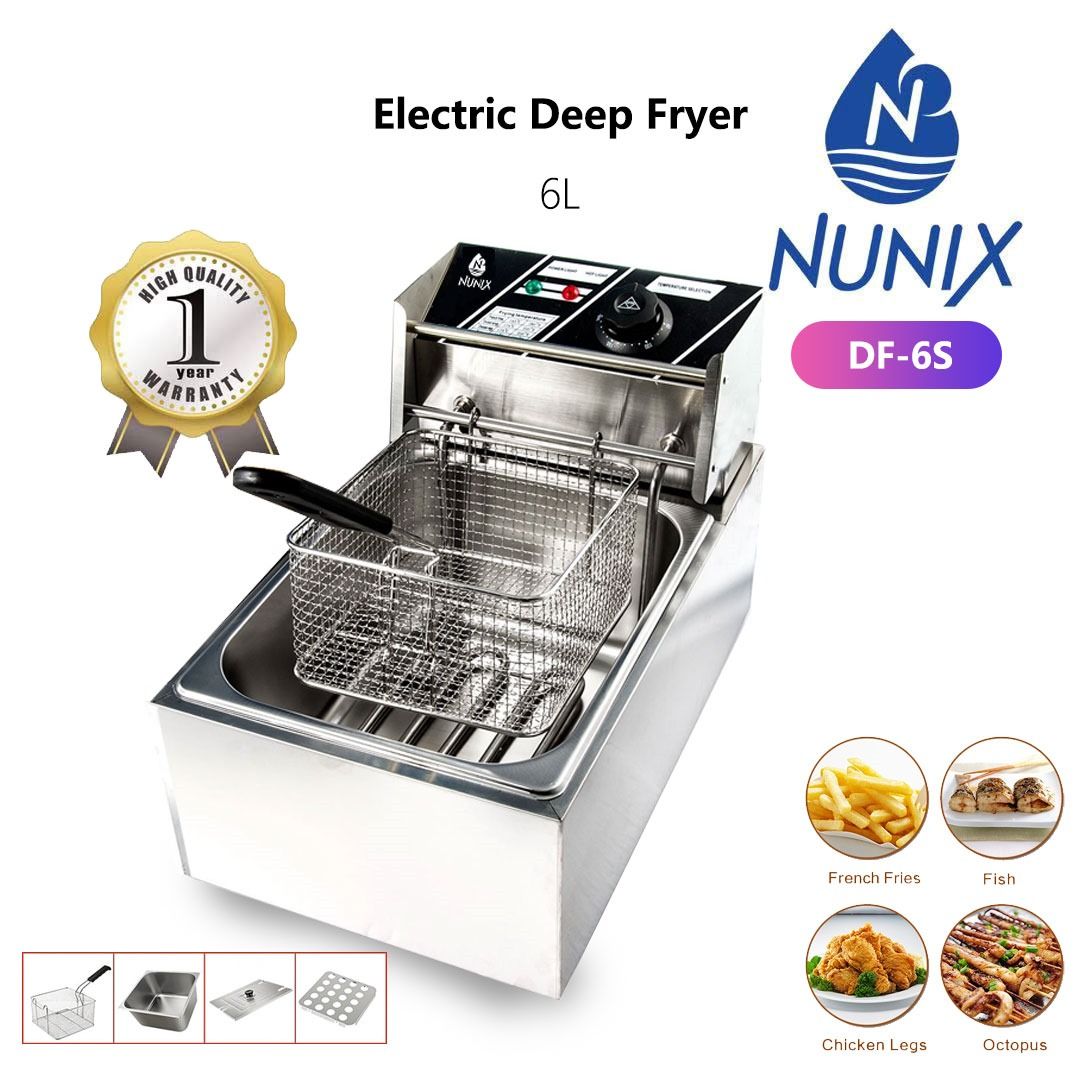 NUNIX (DF-6S) SINGLE DEEP FRYER - Tank capacity: 6L
Adjustable temperature control (60°C up to 200°C), Simple and easy to use, LED light power indicator & hot indicator, Input: 220V 50Hz, Power: 2500W