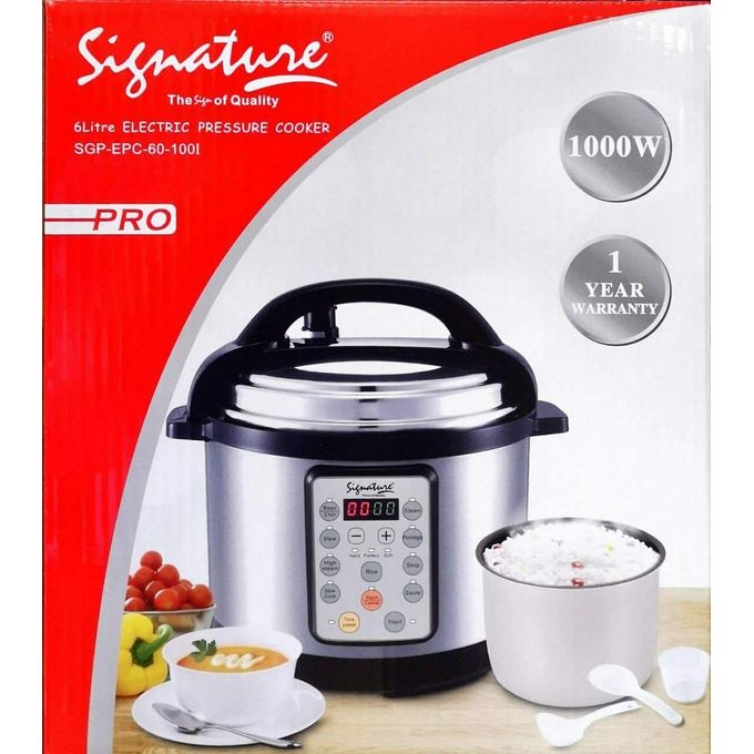 6 L SIGNATURE ELECTRIC PRESSURE COOKER - Lid will not open if there is pressure inside,Control Panel will not work if lid is not properly closed, User Friendly: Safe to touch - will not burn.