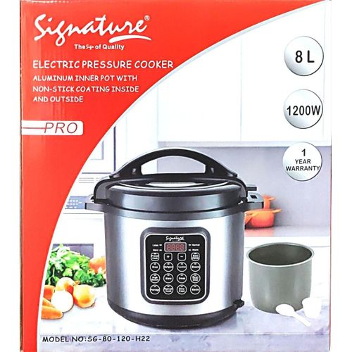 8 L SIGNATURE ELECTRIC PRESSURE COOKER - Large capacity of 8L
power level 1200Watts, Smart Pressure Cooker With Timer, Aluminium inner pot, Non stick coating inside and outside .