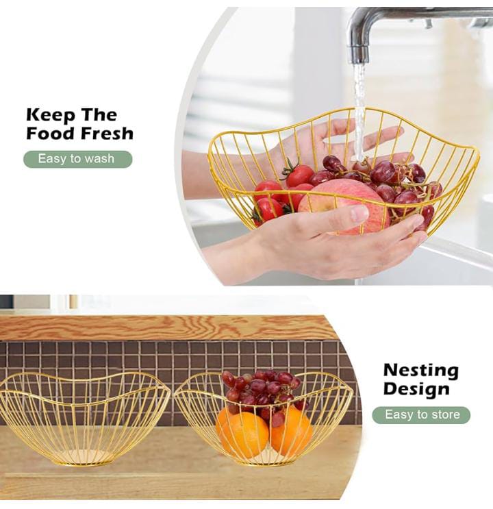 OVAL GOLDEN STAINLESS STEEL FRUIT BASKET - Our wire fruit basket is constructed to allow enough airflow to keep the fruit from going bad too quickly, and it is slim enough to easily put away .
