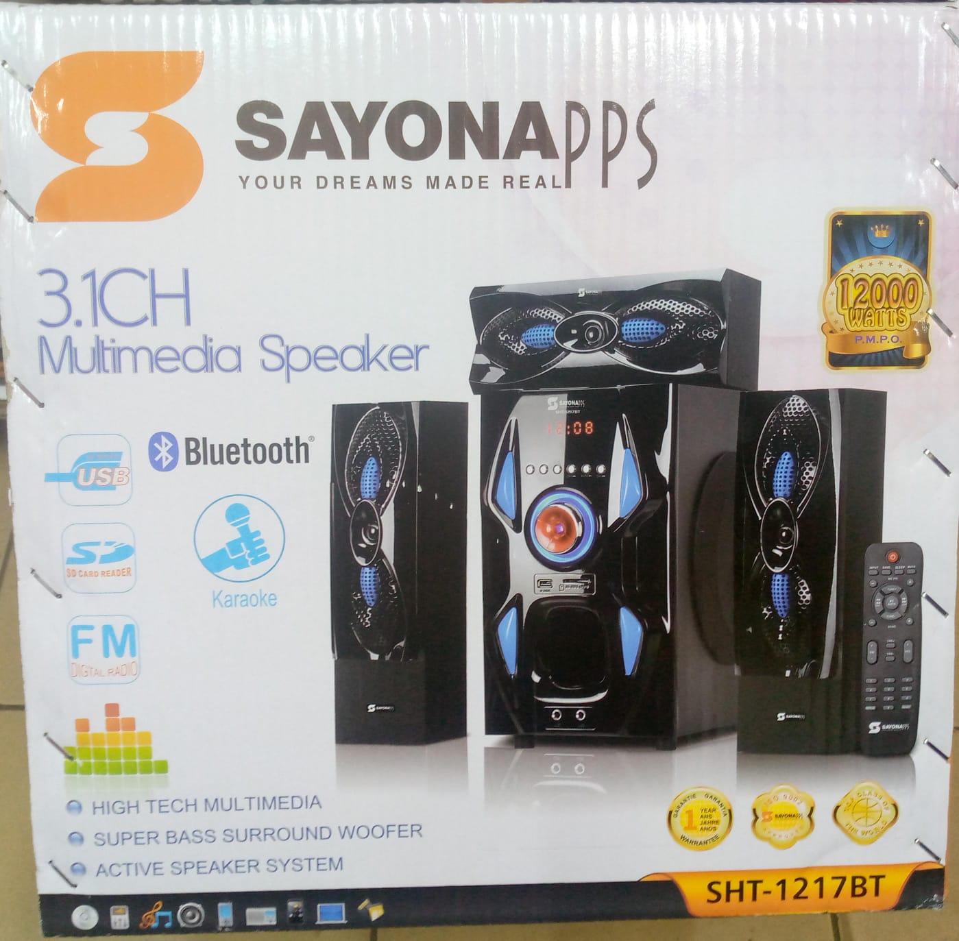 SAYONA (SHT 1217BT) 3.1 CH SUBWOOFER SPEAKER SYSTEM - SD and USB card reader, Digital FM radio, Auxiliary support, Frequency response: 40Hz- 20KHZ, Remote control, Super bass surround woofer.