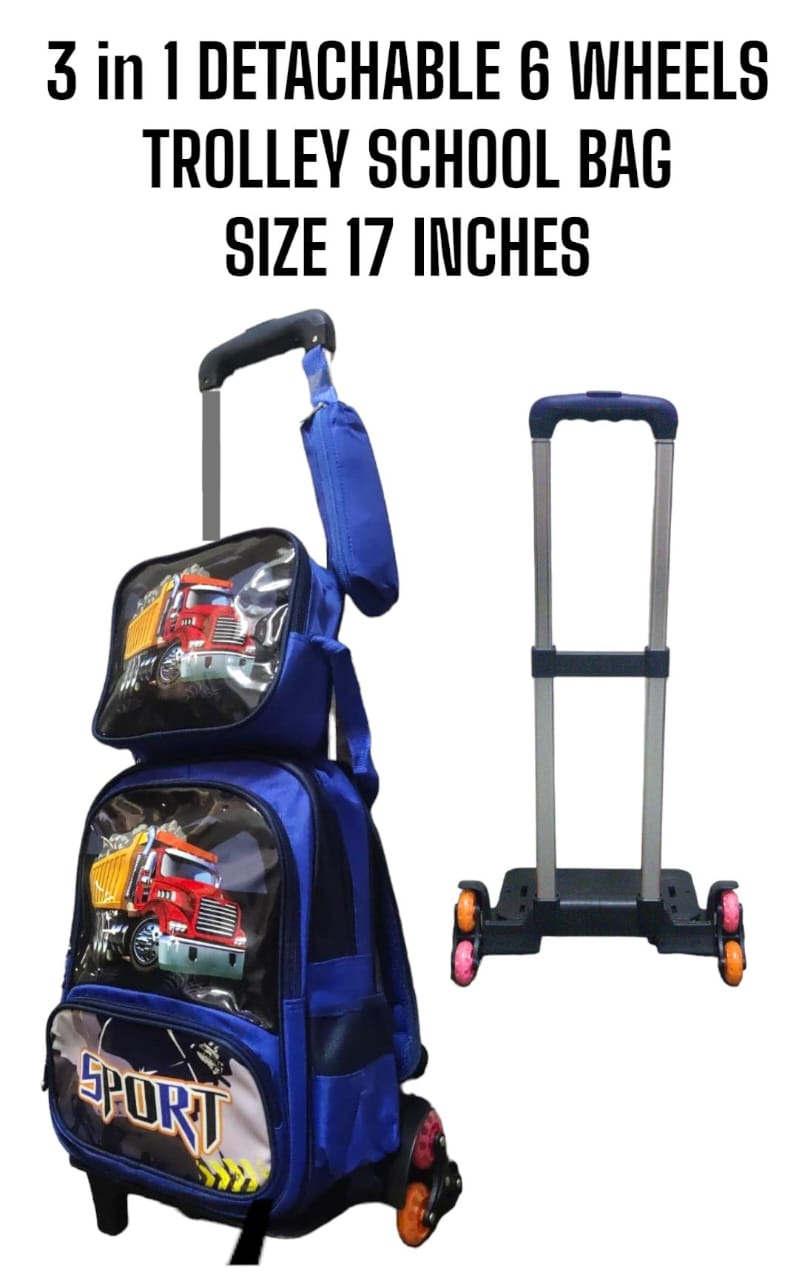 BLUE CARTOON THEMED 3 IN 1 SCHOOL TROLLEY BAG