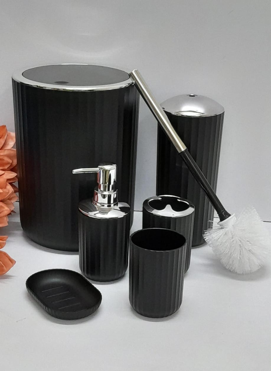 6 IN 1 BAMBOO SET BATHROOM ACCESSORIES - Contains
Dustin, toilet brush, toothbrush holder, soap dish, toothbrush cup, handwash dispenser .