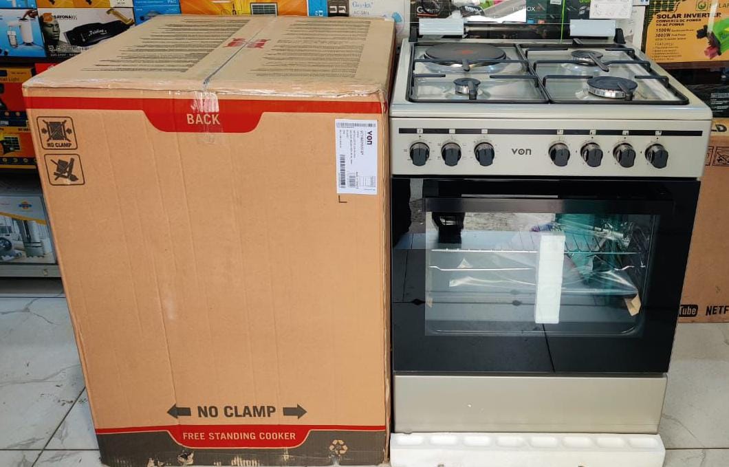 Von 60×60 cm 3 Gas + 1 Electric Rapid Plate Standing Cooker – Powerful, Stylish & Reliable Kitchen Appliance, Jet Valve burner with Flame Failure Safety sensor, 5 Function Electric Oven .