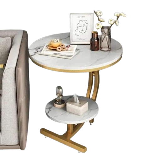 Console Bedside Cabinet Double Layer MDF – Marble Effect Coffee Table, Made from durable MDF for strength and stability, Multipurpose use as bedside cabinet, console, or coffee table.
