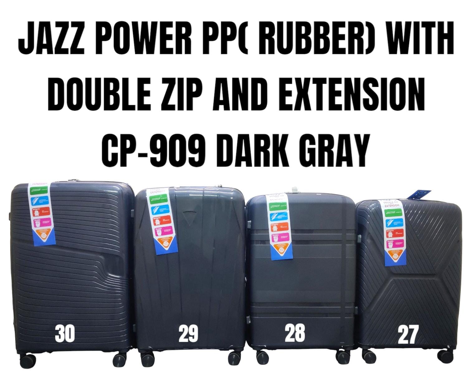 TRAVEL SUITCASES. Jazz Power 3-in-1 PP Rubber Suitcase with Double Anti-Theft Zipper & Extension – Durable Travel Luggage