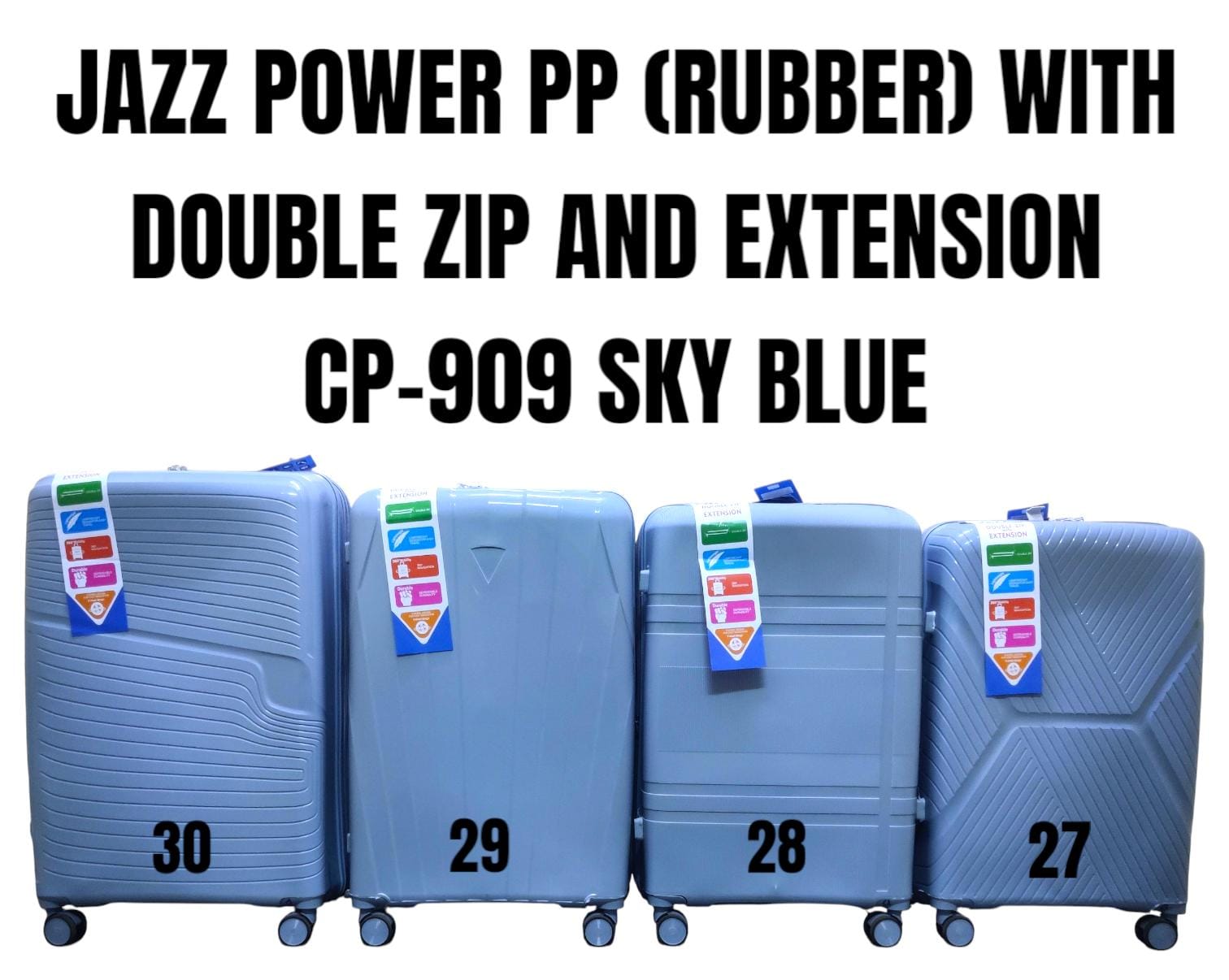 TRAVEL SUITCASES. Jazz Power 3-in-1 PP Rubber Suitcase with Double Anti-Theft Zipper & Extension – Durable Travel Luggage