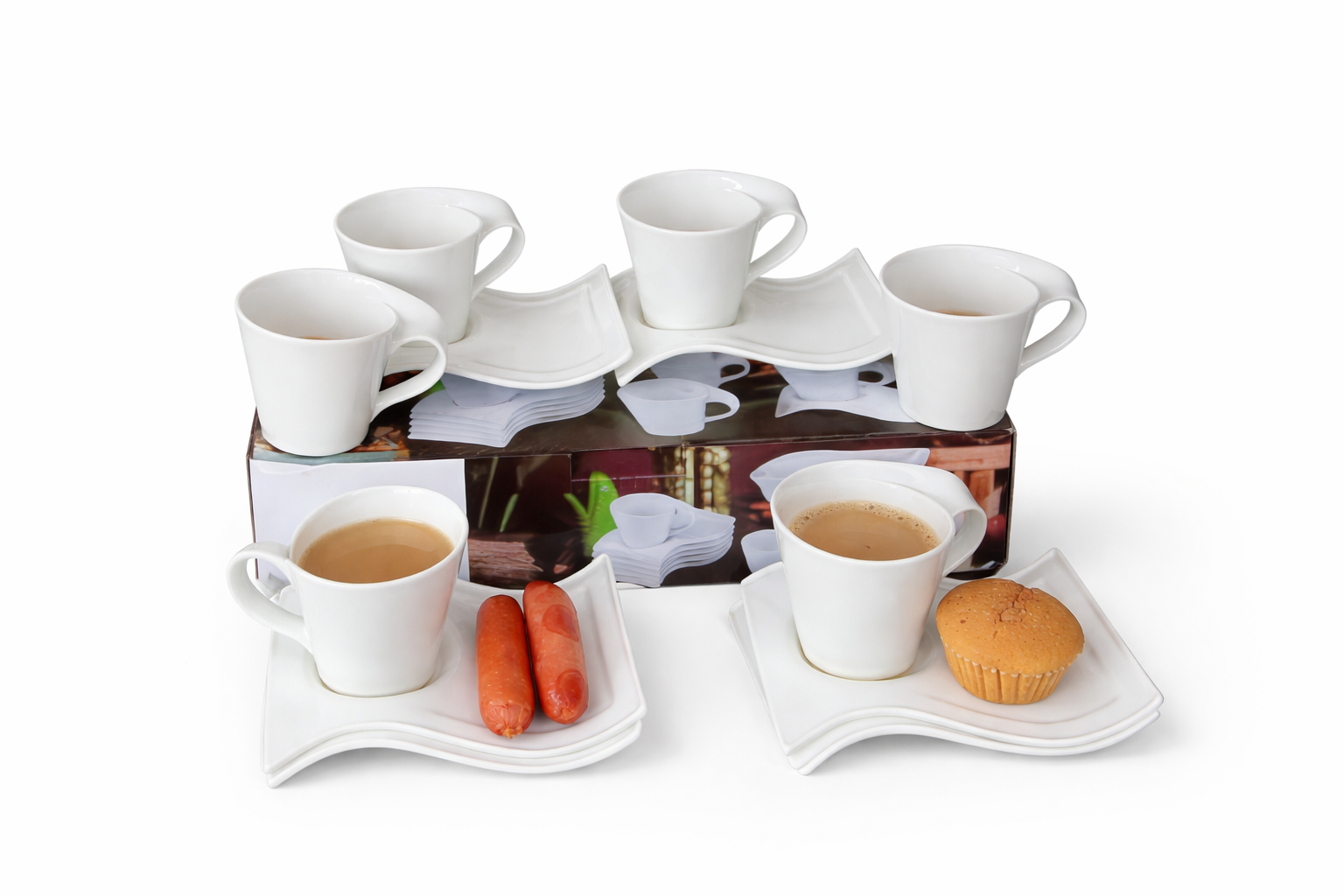 6‑Piece Wavy Milk Cup & Saucer Set -  Elegant wavy design for a stylish tea or coffee experience, Includes 6 cups with matching saucers, Smooth finish for comfortable handling and easy cleaning.