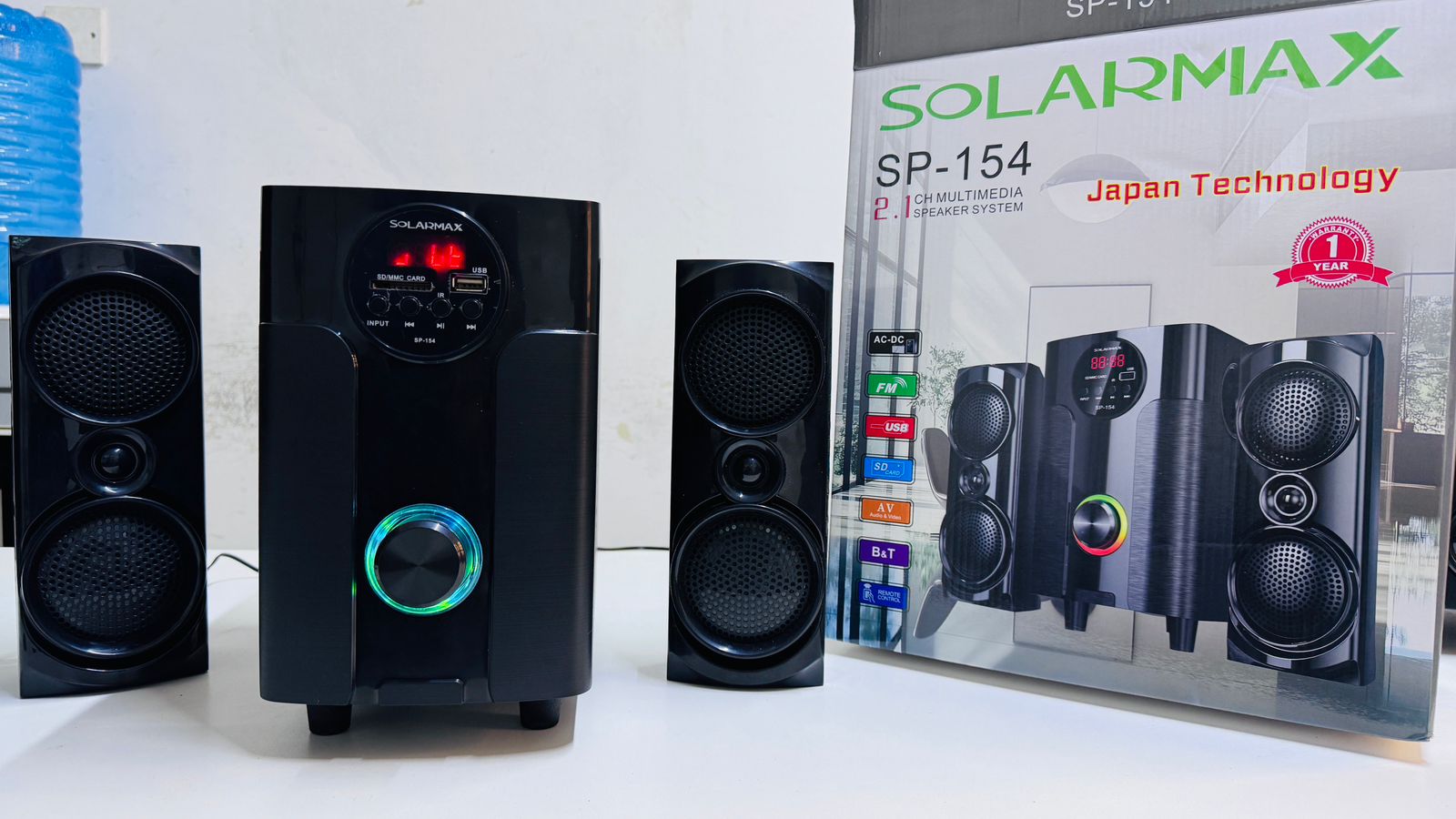 2.1CH Solarmax Multimedia Speaker System with Woofer - Connects easily via Bluetooth, AUX, and USB, High-quality sound for movies, music, and games, Sleek, modern design fits any room décor.